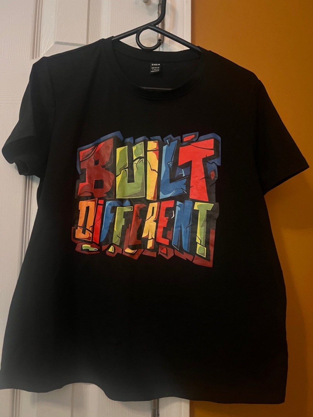 SHEIN Black Short Sleeve Tee with Multicolor 'Built Different' Graphic